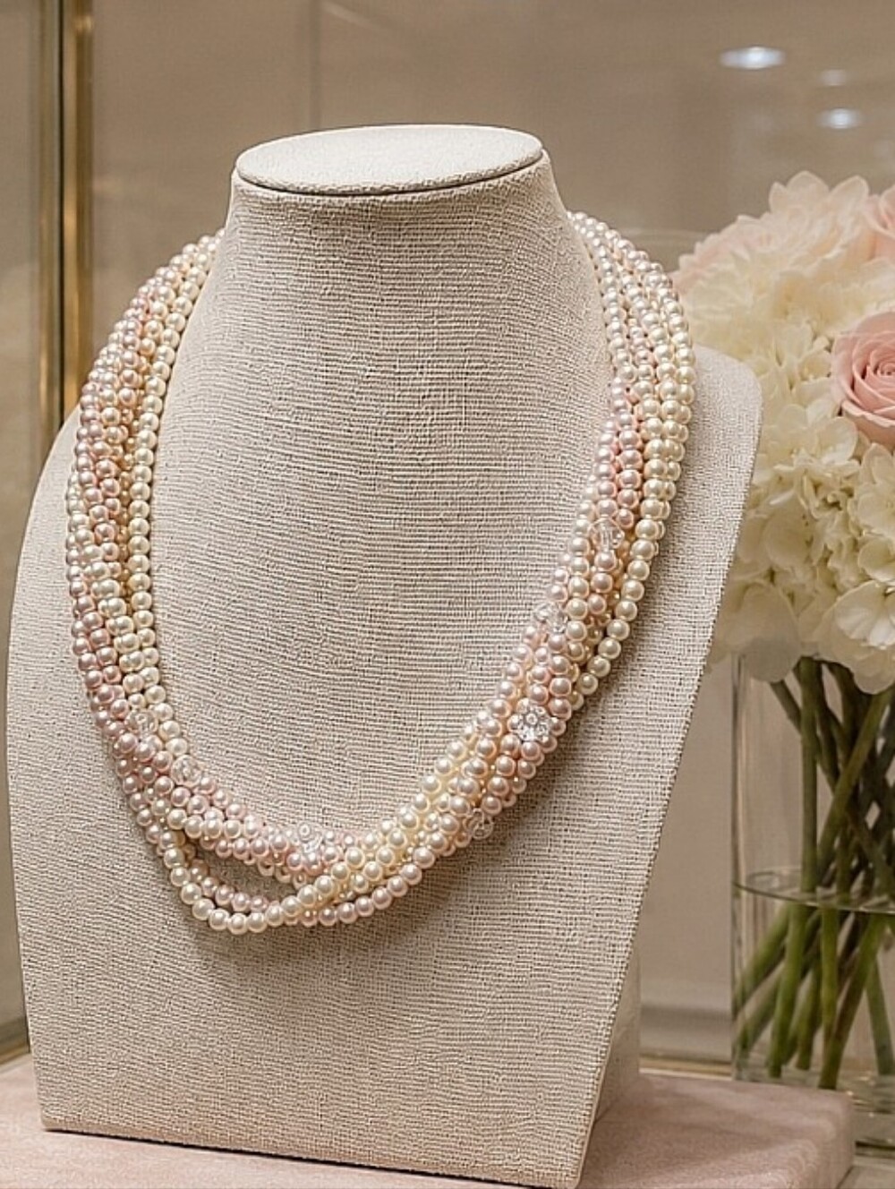 Multiple Strand Twisted Vintage Light Pink Faux Pearls Beads Delicate Necklace